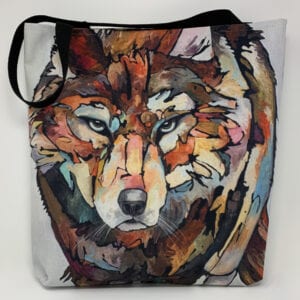 A LARGE TOTE BAG - FOXES/CHICKENS with an image of a wolf.