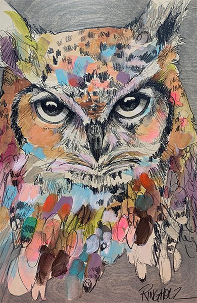 A colorful painting of an owl on wood.