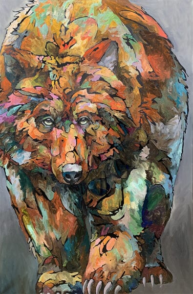 A painting of a grizzly bear on a gray background.