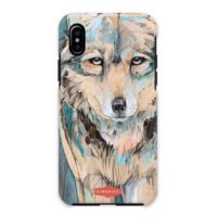 A phone case with an image of a wolf on it.