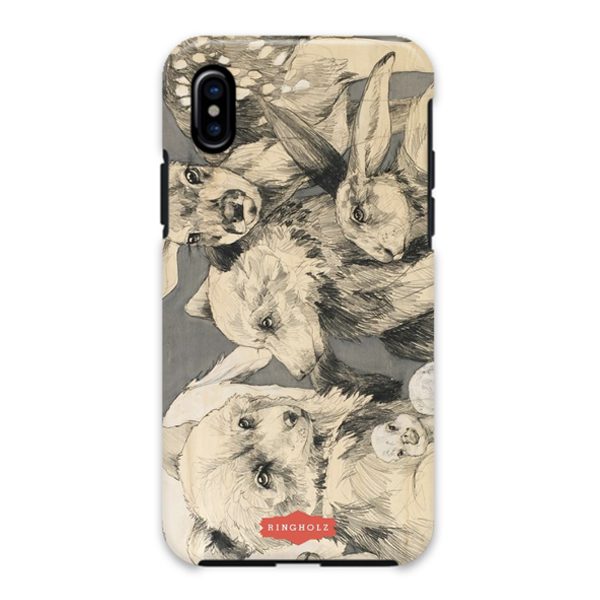 A phone case with a drawing of a dog and a cat.