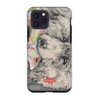 A phone case with a drawing of a bear and a fish.