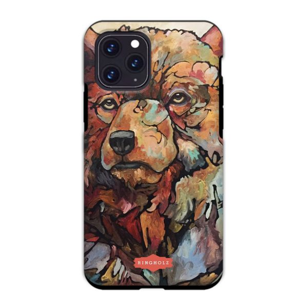 A colorful phone case with an image of a bear.