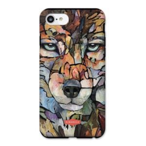 A colorful phone case with an image of a wolf.