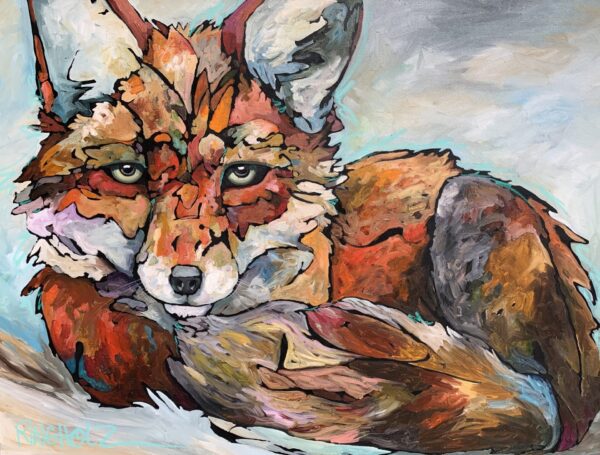A painting of a red fox laying down.