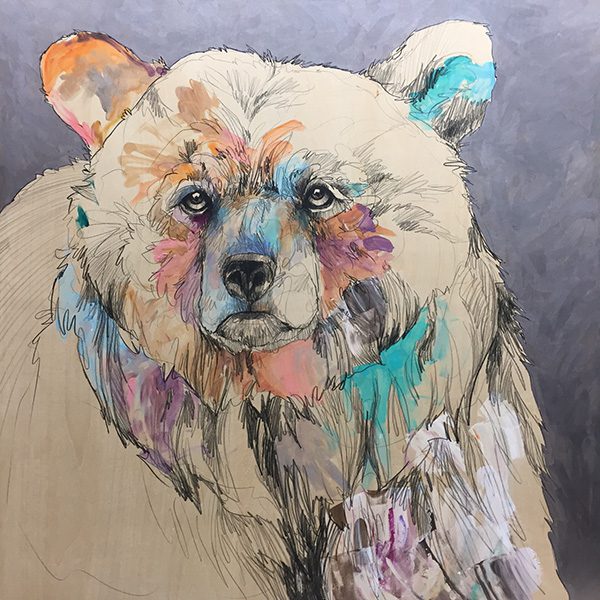 A painting of a bear with colorful paint on its face.