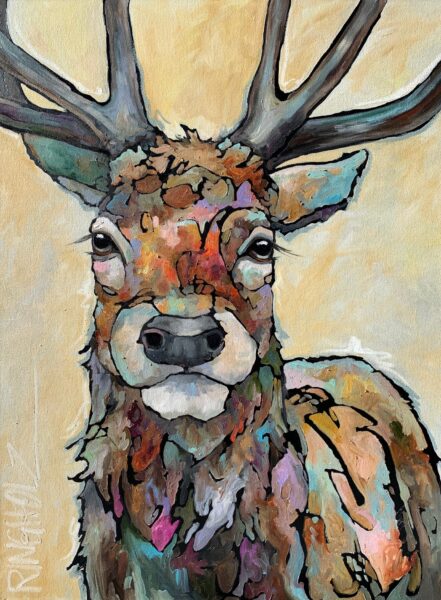 A painting of a deer with colorful antlers.