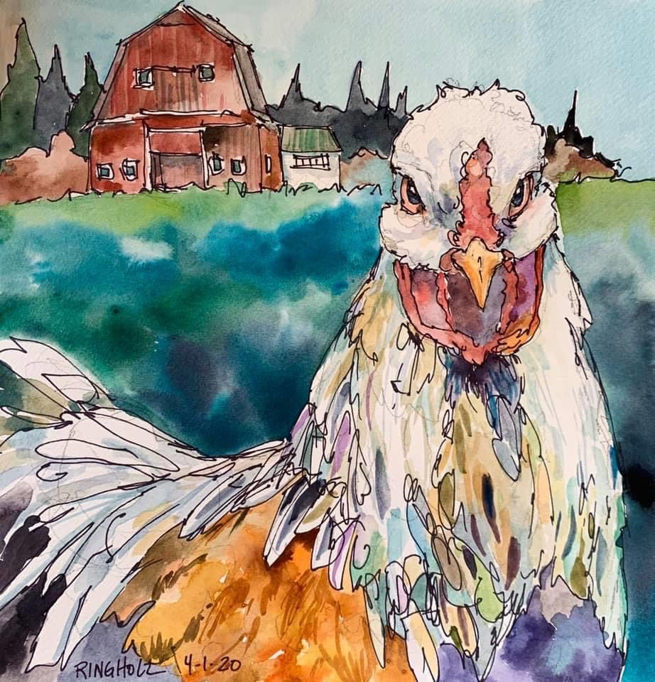 A watercolor painting of a rooster in front of a barn.