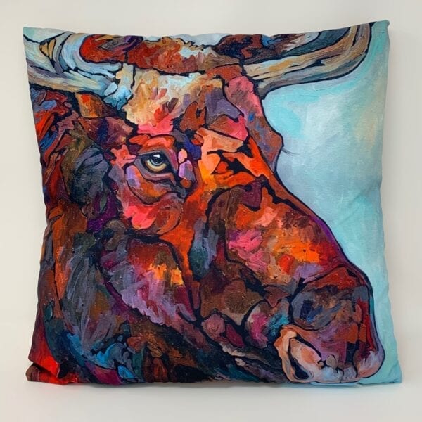 A colorful painting of a moose on a LARGE PILLOW - BEAR/MOOSE.