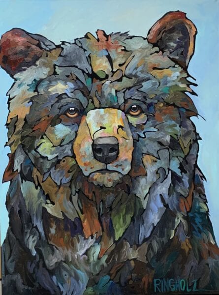 A painting of a bear on a blue background.
