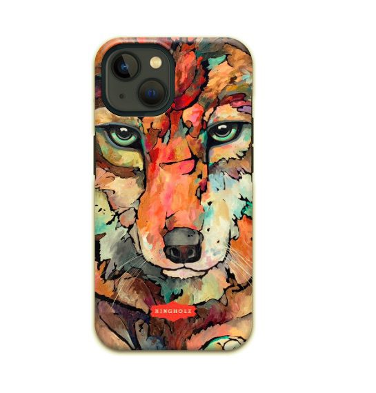 A colorful PHONE CASE - OUT OF THE DARK with an image of a wolf.