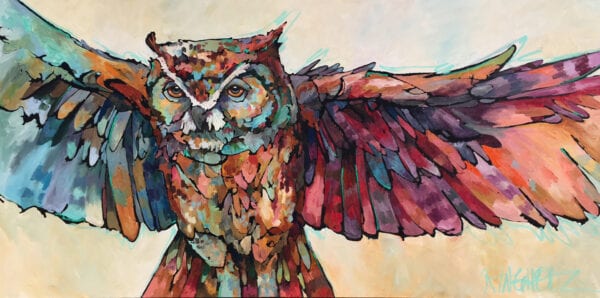 A painting of an owl with colorful wings.