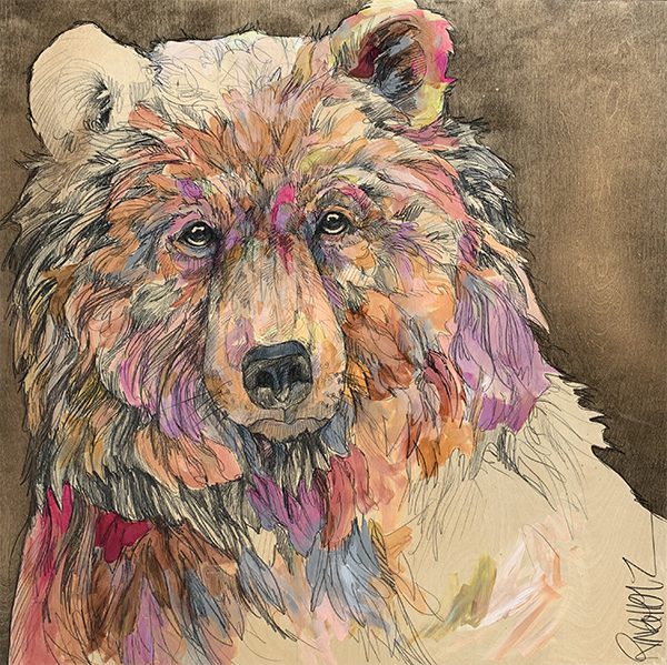 A drawing of a brown bear with colorful paint.