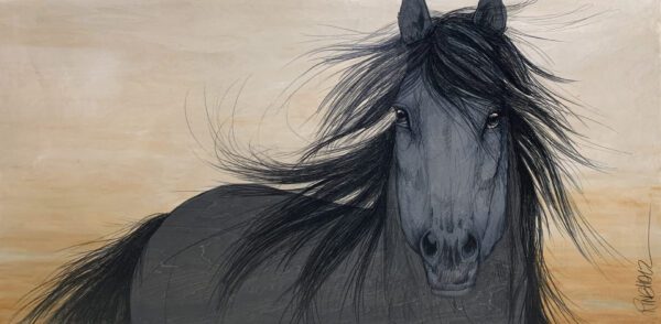 A painting of a black horse with long hair.