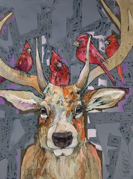 A painting of a deer with red birds on its head.