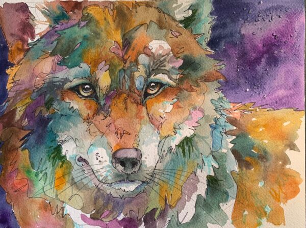 A watercolor painting of a wolf.