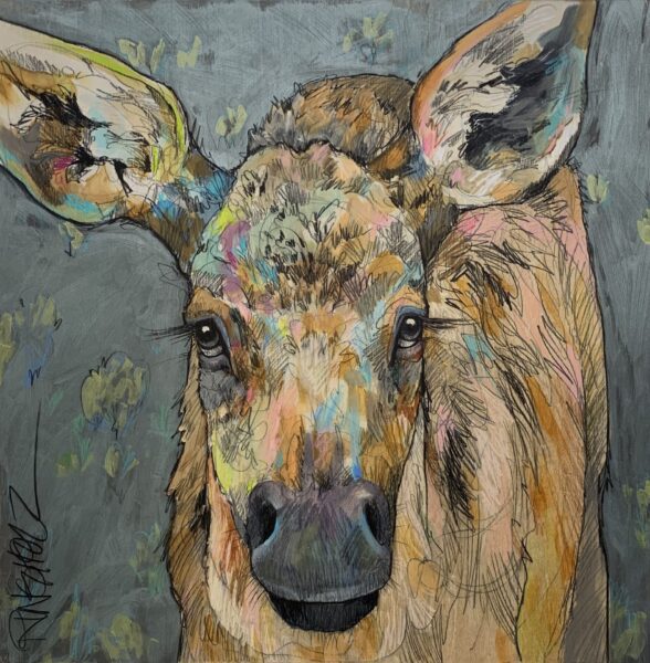 A painting of a moose with colorful eyes.