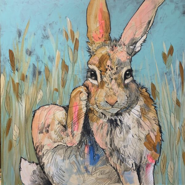 A painting of a rabbit in the grass.