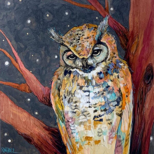 A painting of an owl perched on a tree branch.