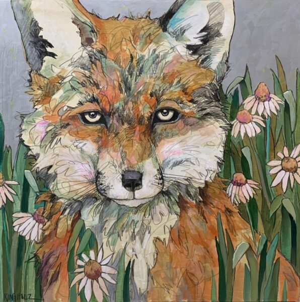A painting of a fox in a field of daisies.