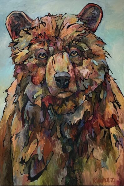 A painting of a brown bear with colorful eyes.