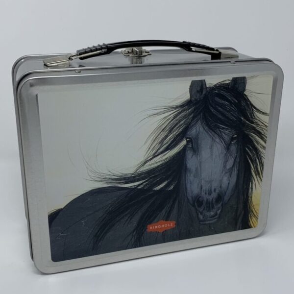 A paint box with a black horse on it.
