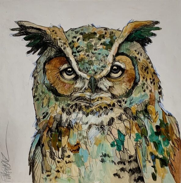 A painting of an owl on a white background.