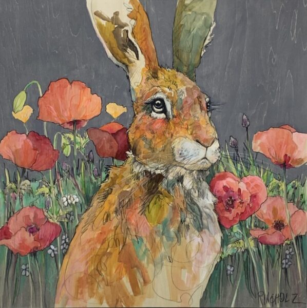 A painting of a rabbit in a field of poppies.