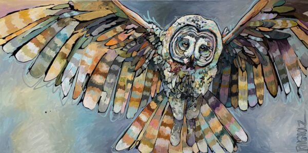 A painting of an owl in flight.