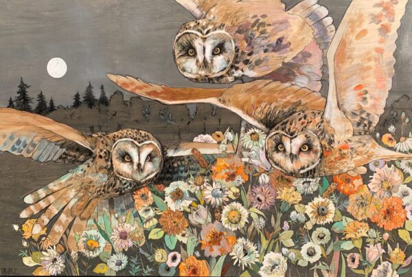 A painting of owls flying over a field of flowers.