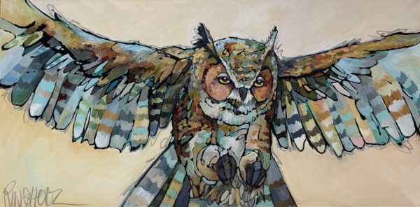 A painting of an owl in flight.