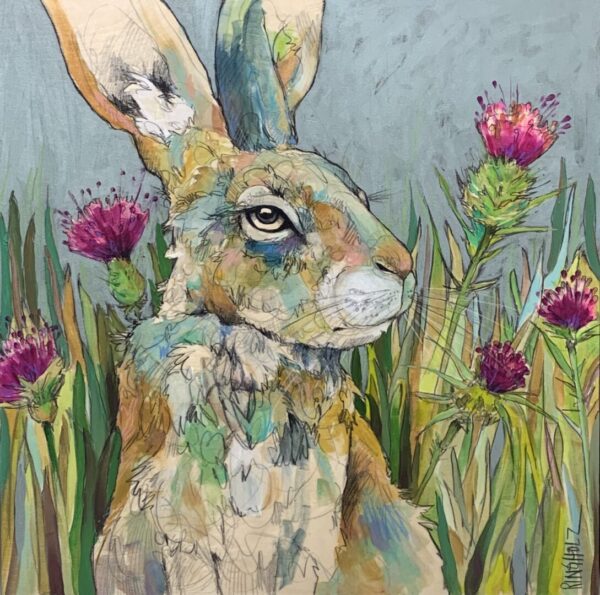 A painting of a hare in a field of flowers.