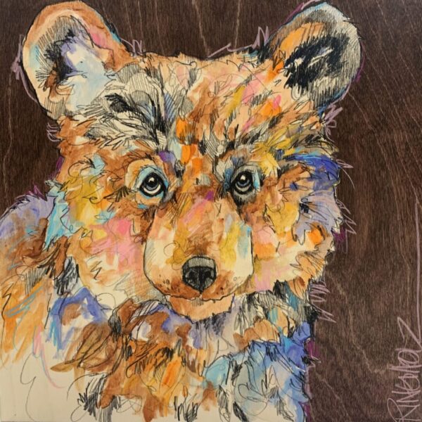 A painting of a bear with colorful eyes.