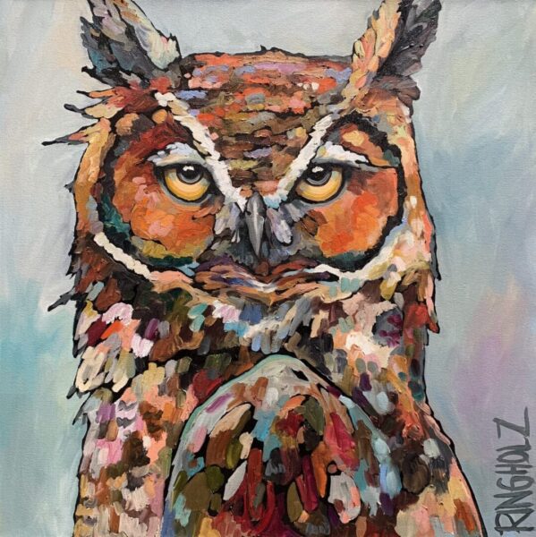 A painting of an owl with colorful eyes.