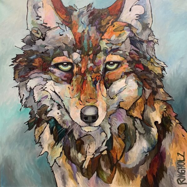A painting of a wolf with colorful eyes.