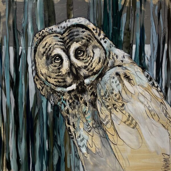 A painting of an owl in the woods.