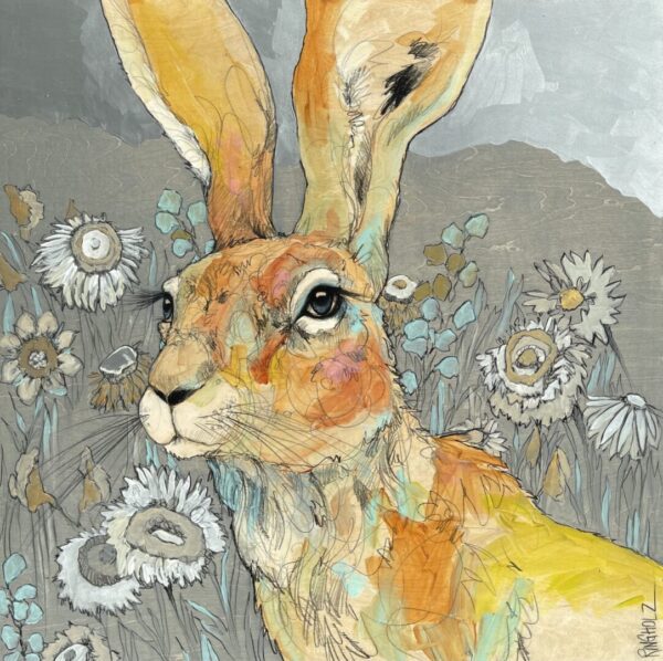 A painting of a hare in a field of flowers.