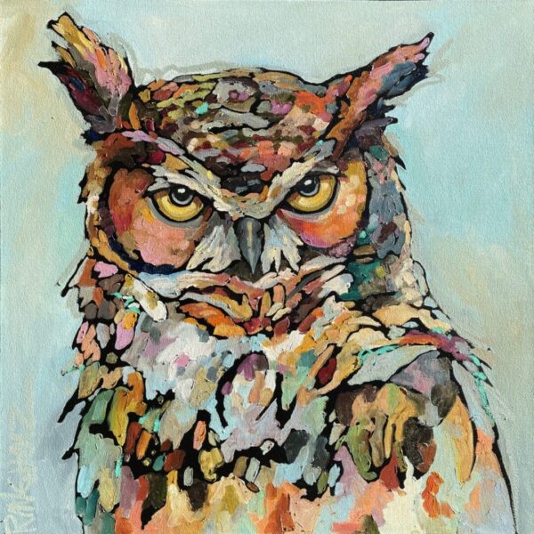 A painting of an owl with colorful eyes.