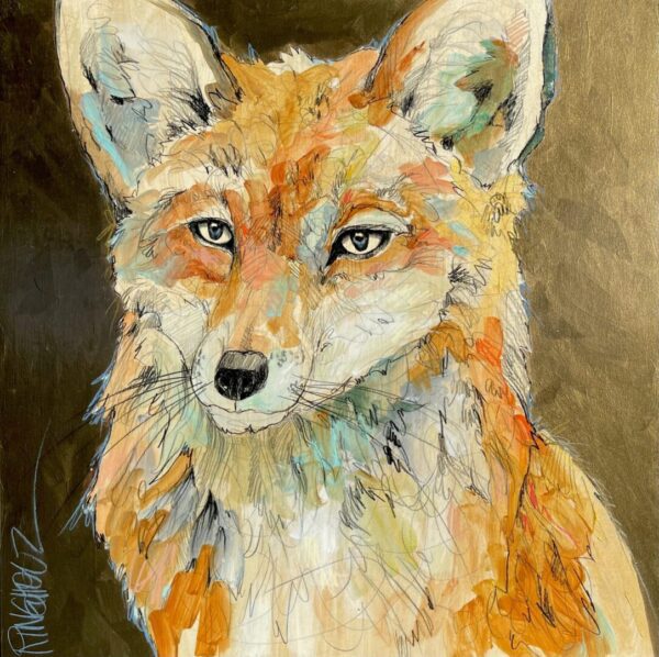 A painting of a fox with blue eyes.