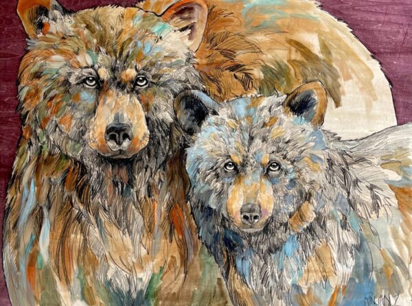 A painting of two brown bears on a purple background.
