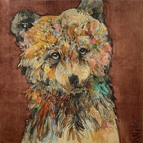 A painting of a teddy bear on a brown background.