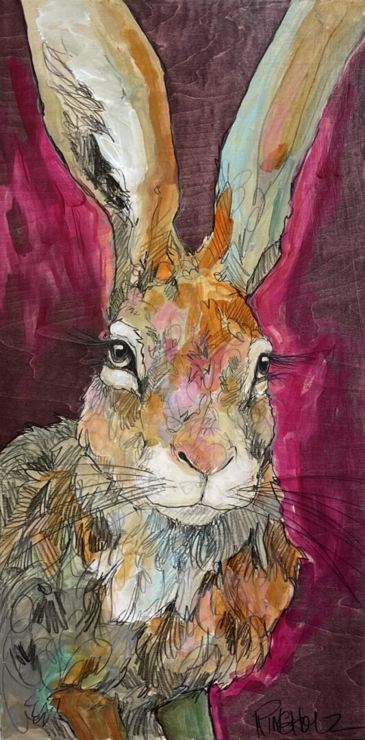 A painting of a rabbit on a pink background.