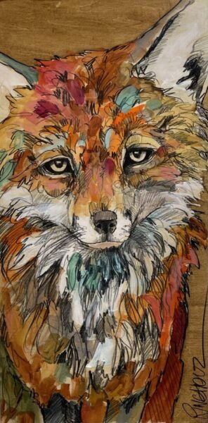 A watercolor painting of a fox on wood.
