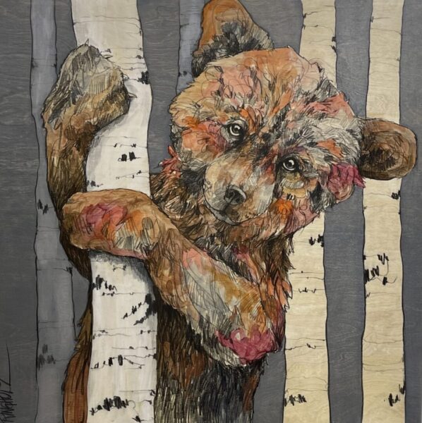 A painting of a brown bear hanging from a birch tree.