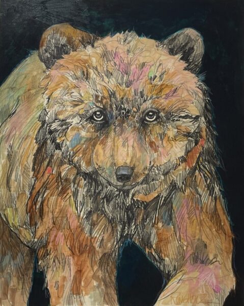 A painting of a brown bear on a black background.