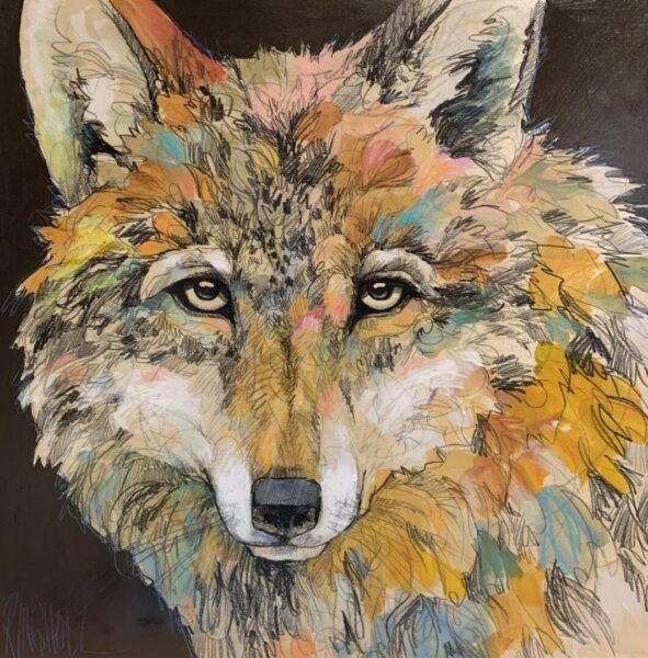 A painting of a wolf with colorful paint.