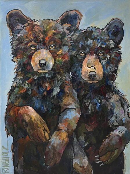 A painting of two black bears standing next to each other.
