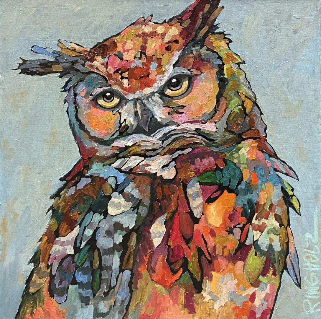 An oil painting of a colorful owl.