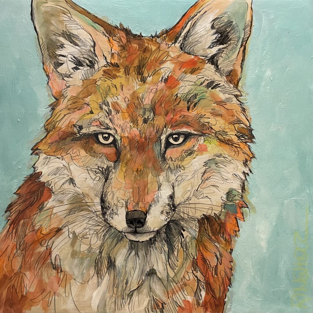 A painting of a red fox on a blue background.