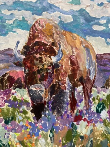 A painting of a bison in a field of flowers.